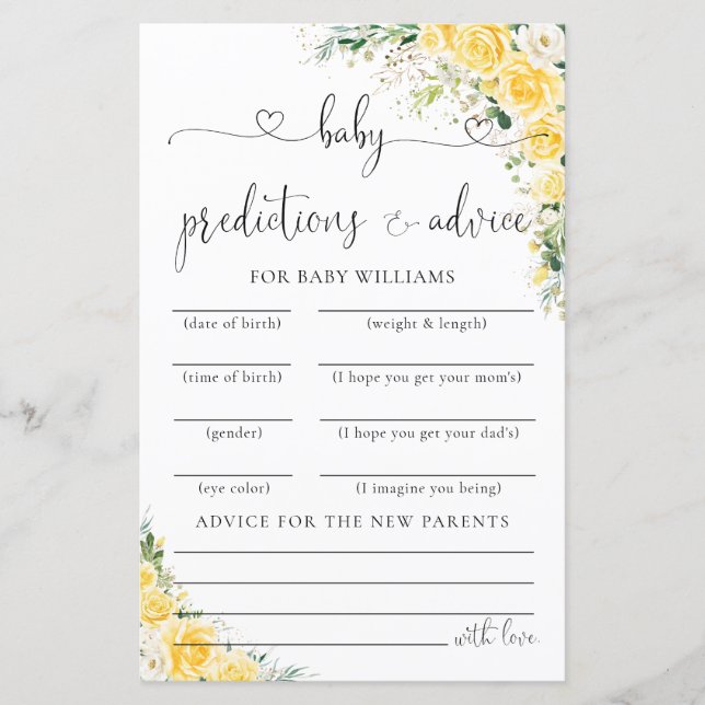 Elegant Yellow Baby Shower Predictions Card  (Frente)