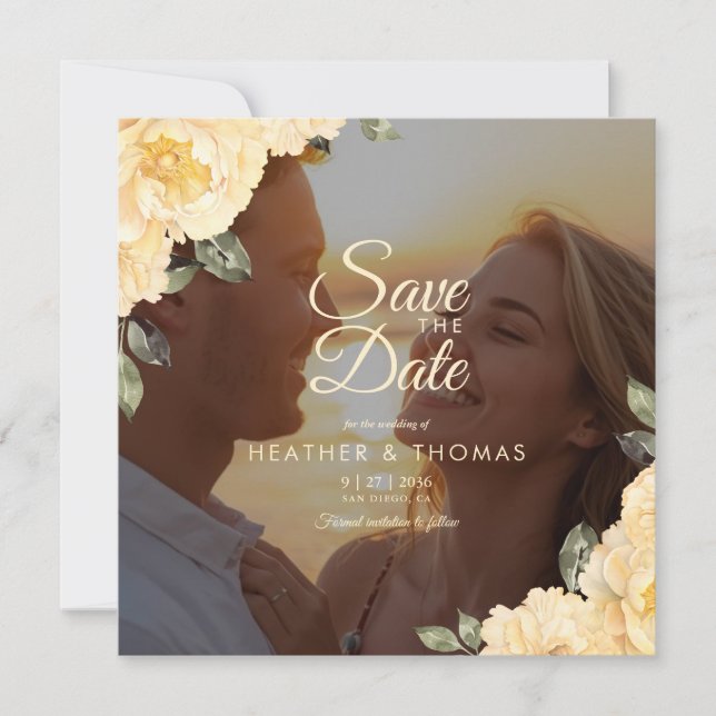 Elegant Yellow Floral Photo Save The Date  (Frente)