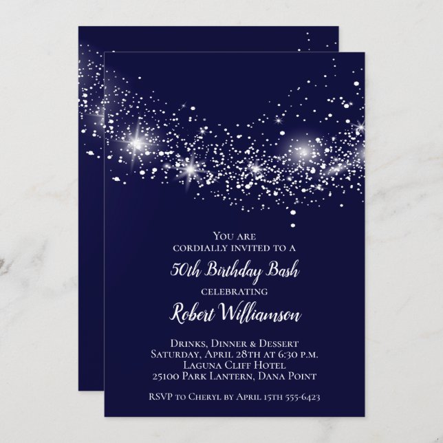 Elegante 50º aniversário Glitter Sky Blue Invite (Frente/Verso)