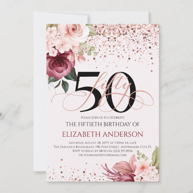 Elegante 50.o convite para o aniversário floral (Frente)