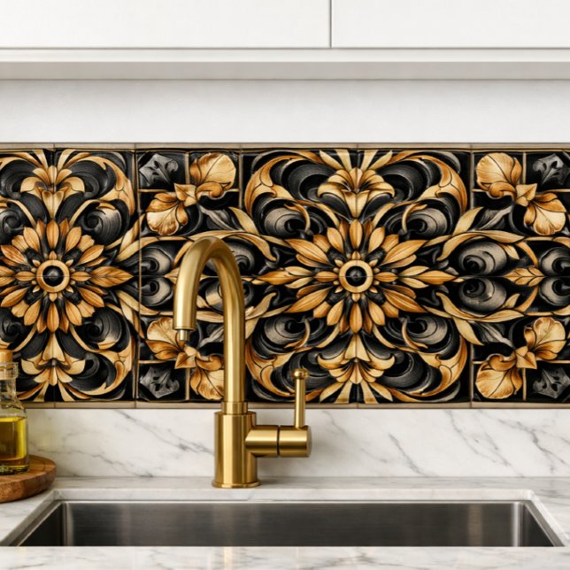 Elegante Acento em Dourado Preto (“Art Deco gold tile brings 1920s elegance to modern kitchens bold symmetry, timeless luxury.”)
