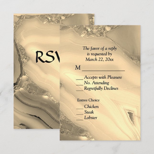 Elegante Ágata Dourada RSVP com Escolhas de Menu (Frente/Verso)