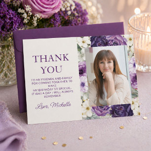 Elegante Agradecimento de Aniversário Floral Roxo