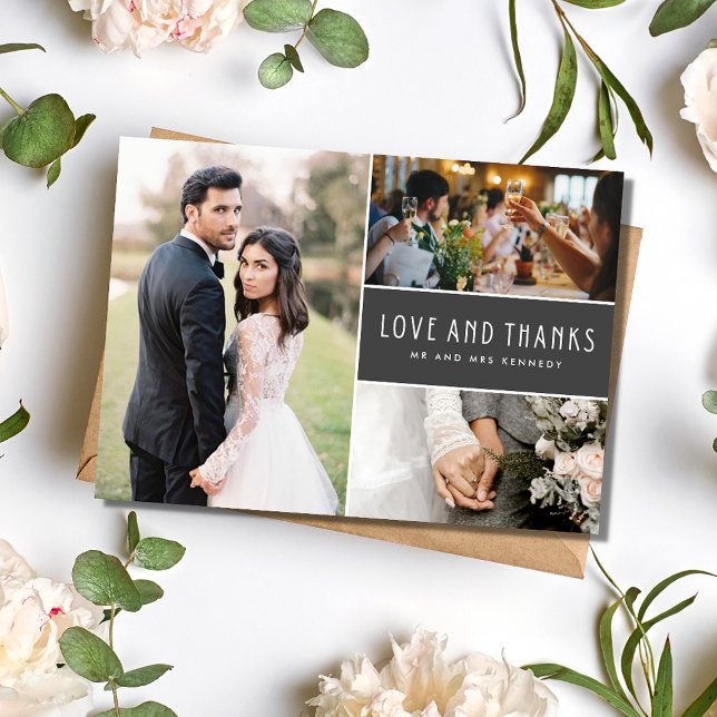 Elegante Agradecimento de Casamento com Colagem de (Elegant 3 Photo Collage Wedding Thank You)