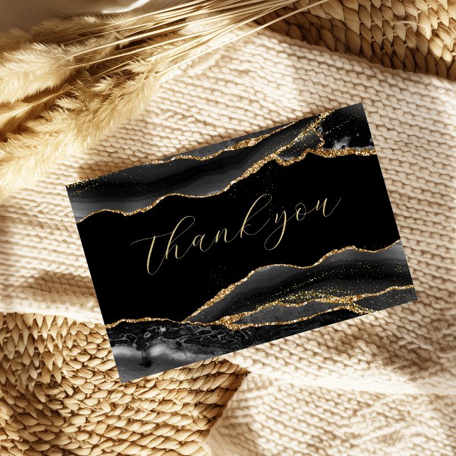Elegante Agradecimento de Formatura Preto e Dourad (elegant black and gold agate thank you card)