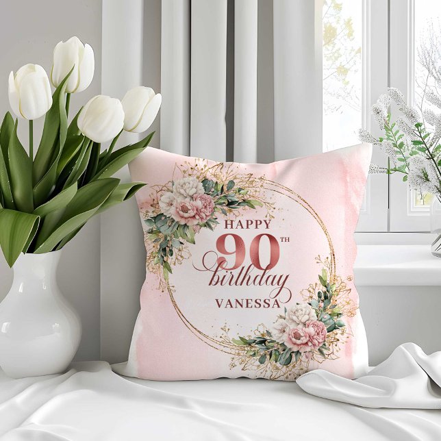 Elegante Almofada de 90º Aniversário com Flores Ro (Elegant Blush Pink Floral 90th Birthday Pillow)