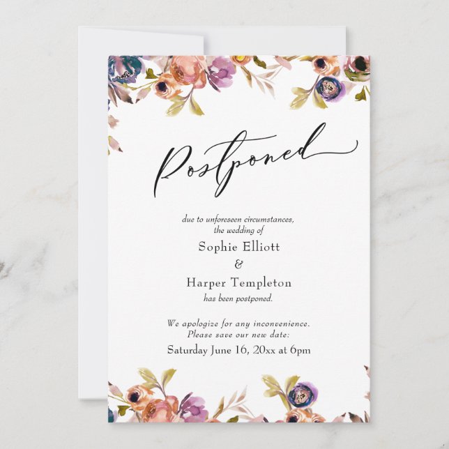 Elegante Anúncio de Casamento Adiado Floral (Frente)
