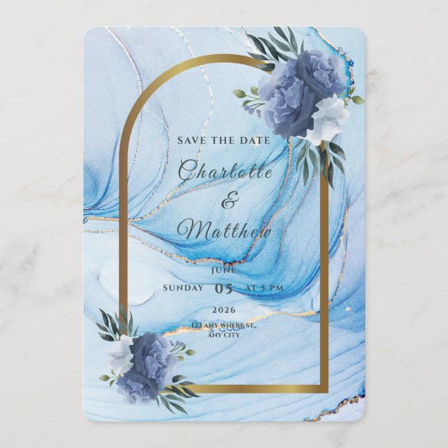 Elegante Anúncio de Casamento Azul e Dourado Save  (Frente)