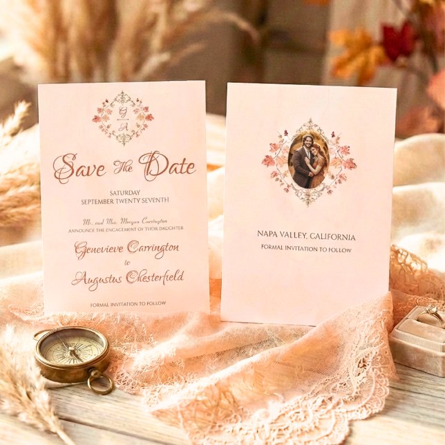Elegante Anúncio de Noivado de Outono Salve a Data (Criador carregado)