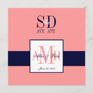 Elegante Anúncio de Salve o Dia Coral e Azul Marin