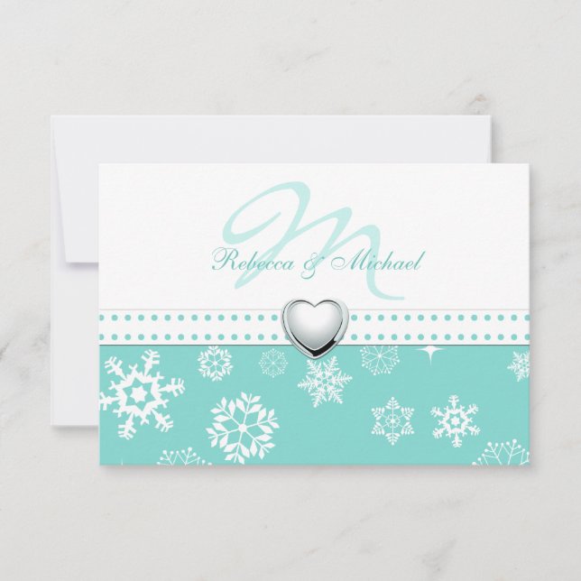 Elegante Aqua Blue e Snowflakes, RSVP de Casamento (Frente)