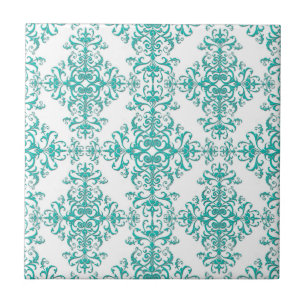 Elegante Aqua Turquesa sobre Padrão Damask Branco