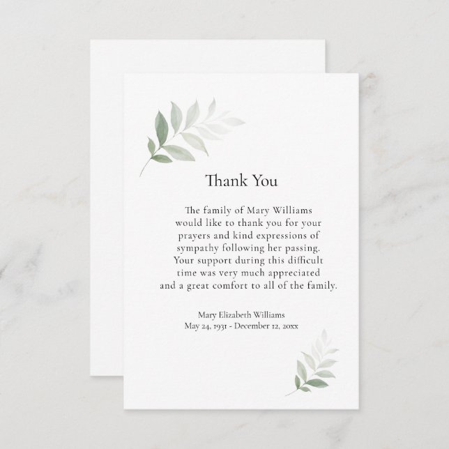 Elegante Aquarela Cartões de agradecimentos Funera (Frente/Verso)