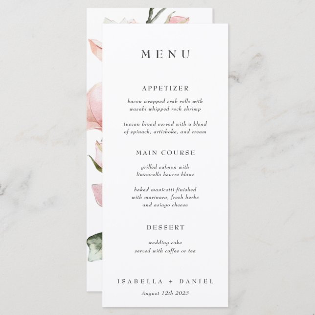 Elegante Aquarela Magnolia Botânica Weding Menu (Frente/Verso)