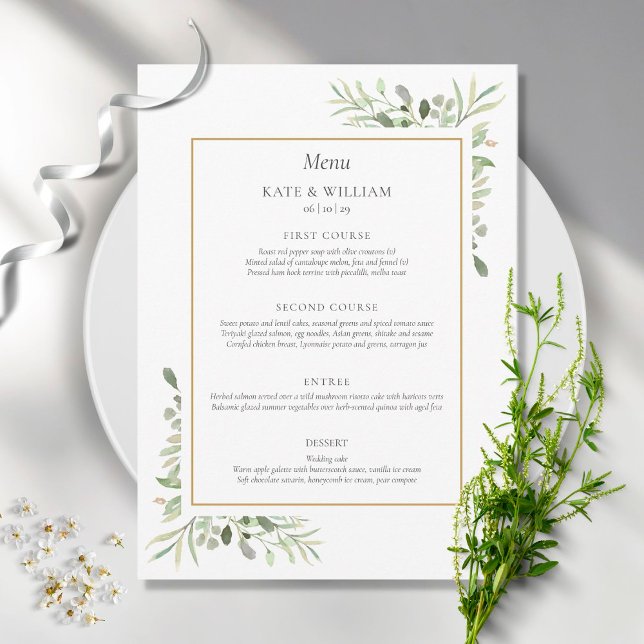 Elegante Aquarela Menu Janto Casamento Verde (Criador carregado)