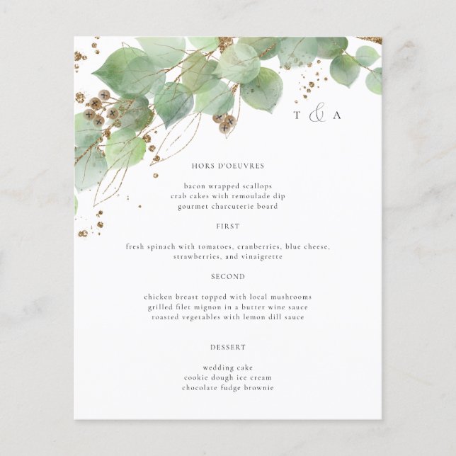 Elegante Aquarela Menus de Casamento Greenery (Frente)