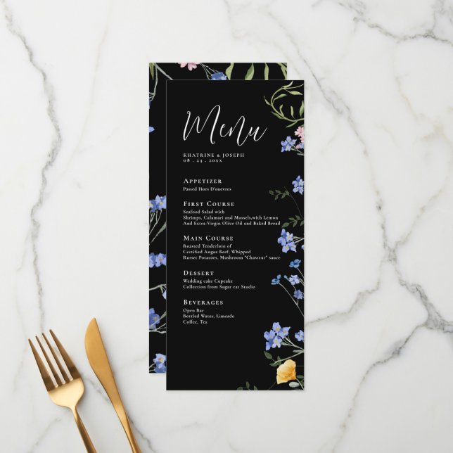 Elegante Aquarela Menus de Detalhes de Flor Selvag (Frente/Verso In Situ)