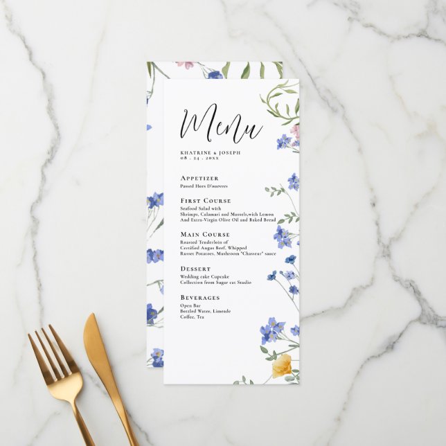 Elegante Aquarela Menus de Detalhes de Flor Selvag (Frente/Verso In Situ)