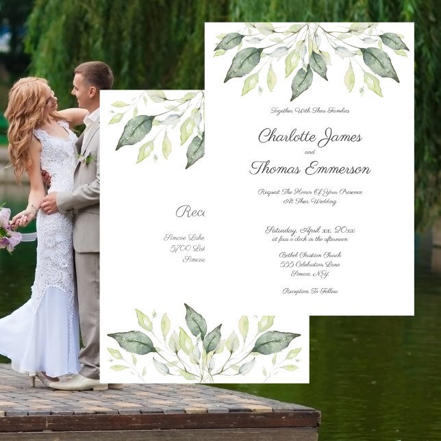 Elegante Aquarela Verde Deixa Convite De Casamento (Wedding Soft Watercolor Green Leaves Elegant Invitation)
