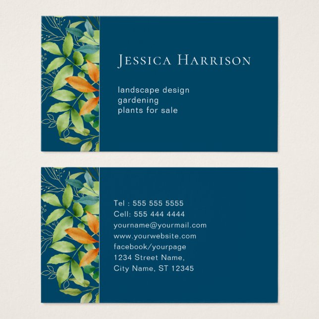 Elegante Aquarela Verde Folhagem Botânica Azul (Frente & Verso)