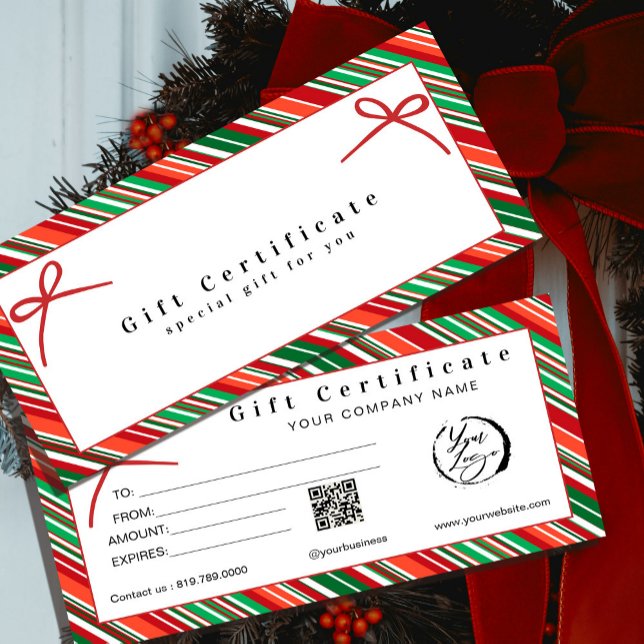 Elegante Arco de Certificado de Presente Listrado  (Elegant Red & Green Striped Gift Certificate with Bows #zazzlemade #christmasvouchercard #holiday)