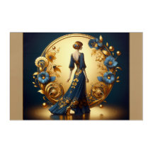 Elegante Art Deco Mulher Dourada e Azul - Impressã