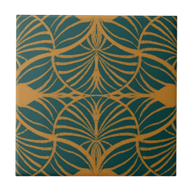 Elegante Art Deco Mustard & Teal Gouache Scallops (Frente)