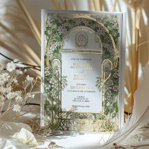 Elegante Art Nouveau Casamento Convite Folha de Ou
