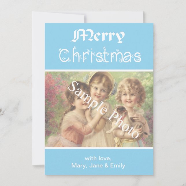 Elegante, azul clássico cartão com fotos de Natal  (Frente)