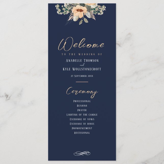 Elegante azul-escuro floral, programa de casamento (Frente)