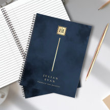 Elegante Azul Naval Dourado Monograma Espiral