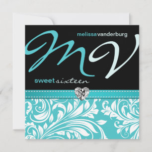 Elegante Azul-Teal Doce Dezesseis Convites de Aniv