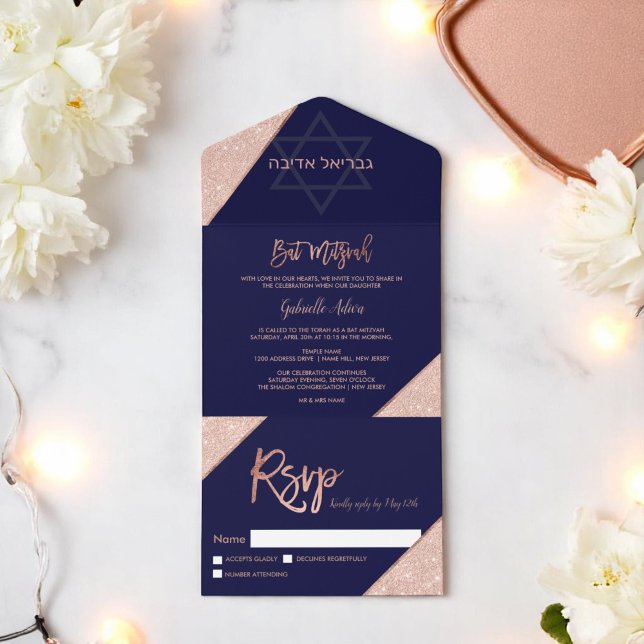 Elegante Bat Mitzvah em azul marinho com brilho do (Elegant Rose gold glitter navy blue Bat Mitzvah All In One Invitation)
