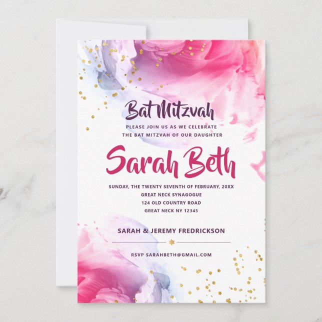 Elegante Bat Mitzvah Watercolor Convite (Frente)