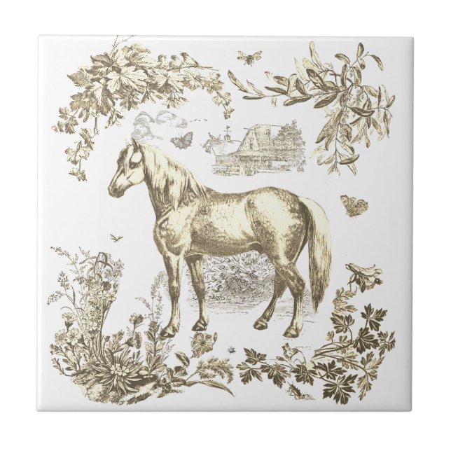 Elegante Bege Floral Vintage de Cavalo (Frente)