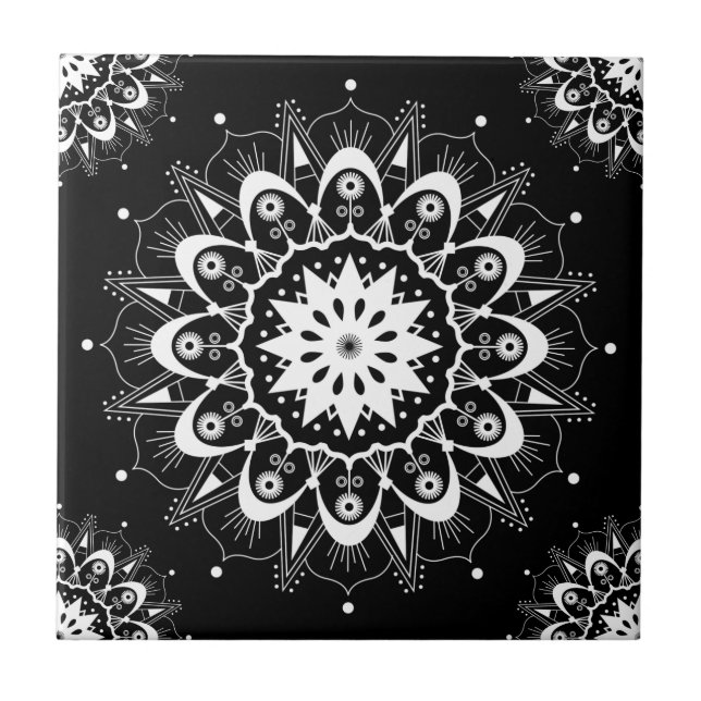 Elegante Black White Floral Geométrico Mandala (Frente)