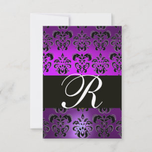 ELEGANTE BLACK WHITE PURPLE DAMASK MONOGRAM RSVP