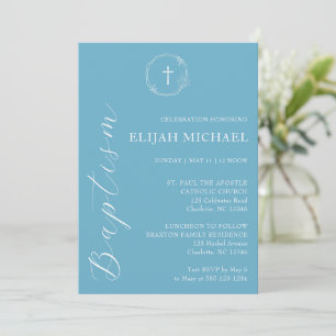 Elegante Blue Baptism Cross Wreath Convite