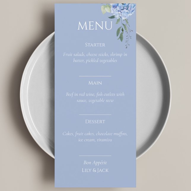 Elegante Blue Beige Hydrangea Menu Casamento (Criador carregado)