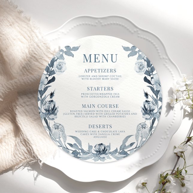 Elegante Blue Cinza Floral Round Menu Flat Round (Criador carregado)
