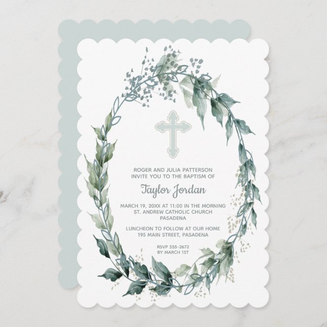 Elegante Blue Cross Greenery Wreath Baptism Convit (Frente/Verso)