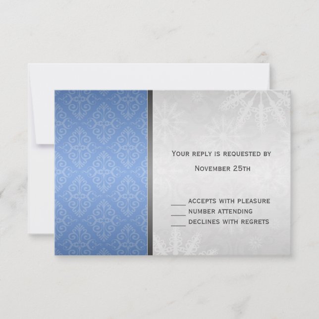 Elegante Blue e Silver Damask Snowflakes RSVP (Frente)
