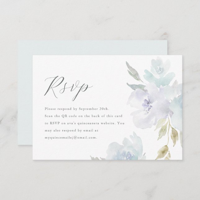 Elegante Blue Floral Quinceanera Código QR RSVP (Frente/Verso)