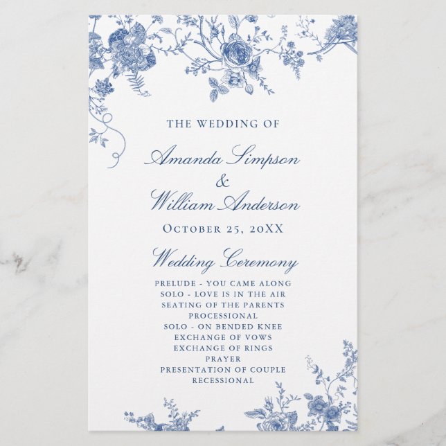 Elegante Blue Flowers Ceremony Program (Frente)
