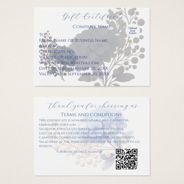 Elegante Blue Hydrangea Gift Card Cliente Voucher (Frente & Verso)