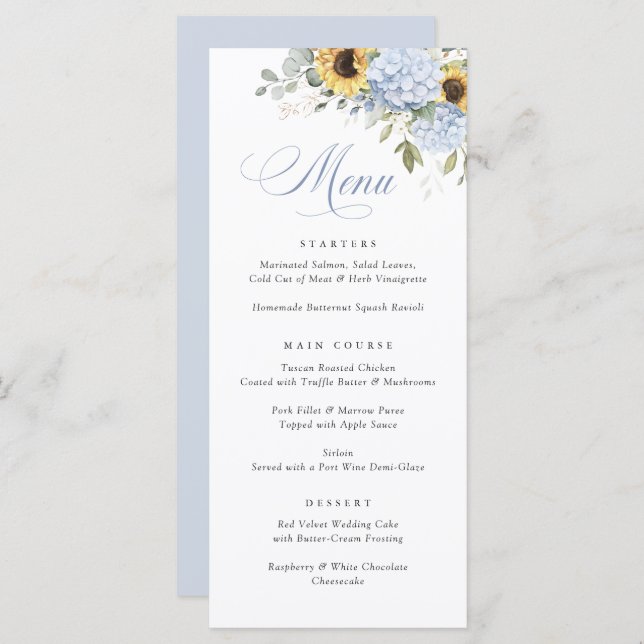 Elegante Blue Hydrangea Sunflower Menu Casamento (Frente/Verso)