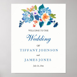 Elegante Blue & Peach Floral Weding Weclome Poster