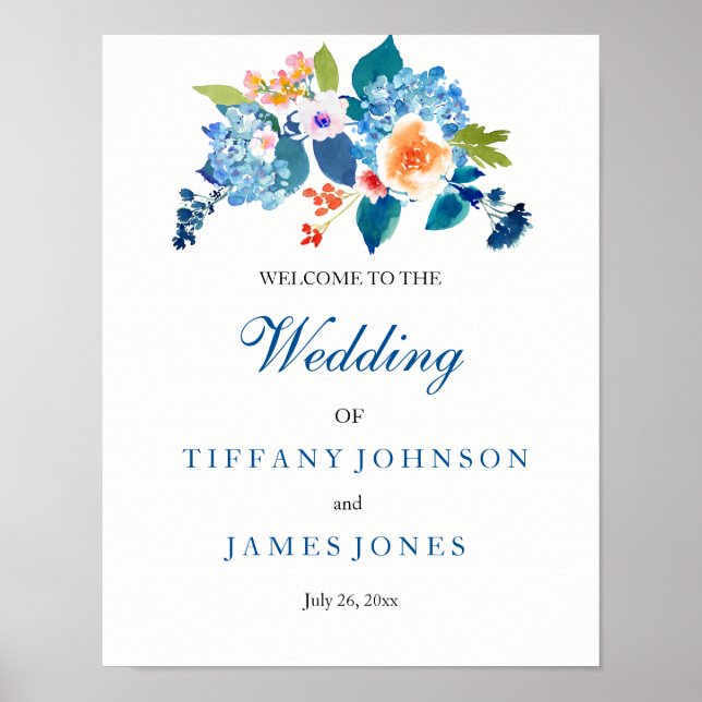 Elegante Blue & Peach Floral Weding Weclome Poster (Frente)