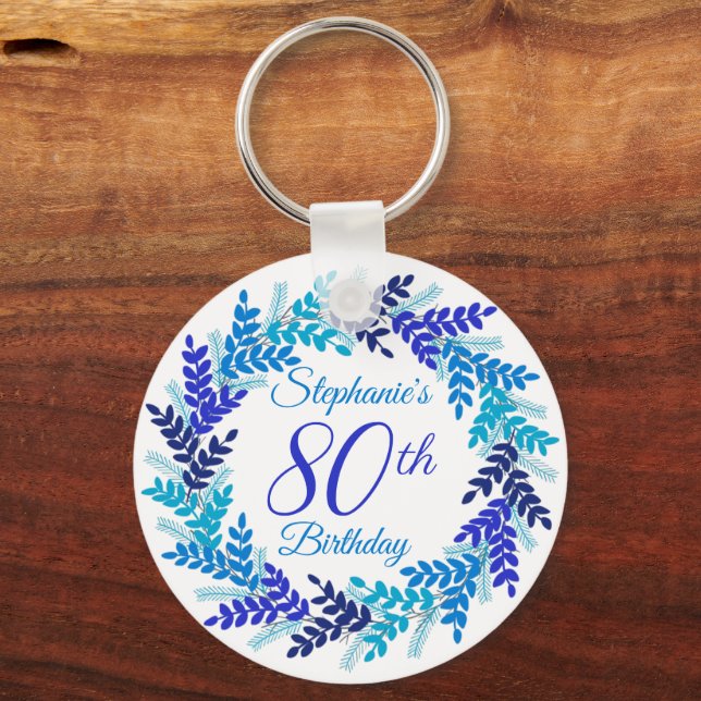 Elegante Blue Wreath 80 Birthday Chaveiro (Frente)