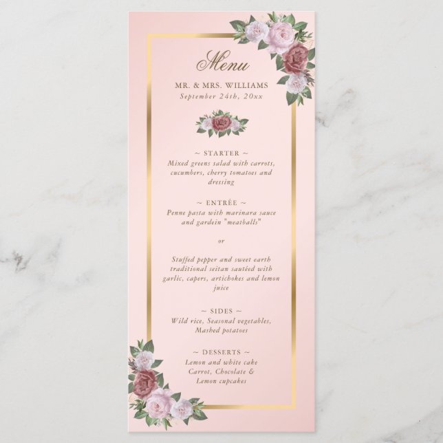 Elegante Blush Dourado Floral Menu (Frente)